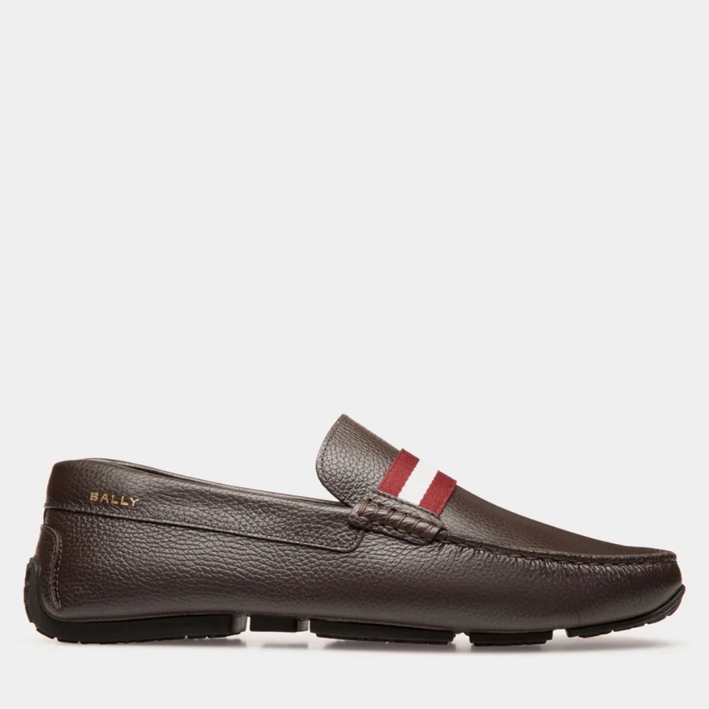 New Bally Men's' Pilot Driver In Brown Grained Leather Red Trim - Size US 9.5